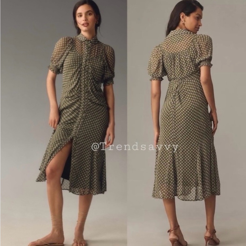 Anthropologie Green, Lavender and Cream Midi Dress